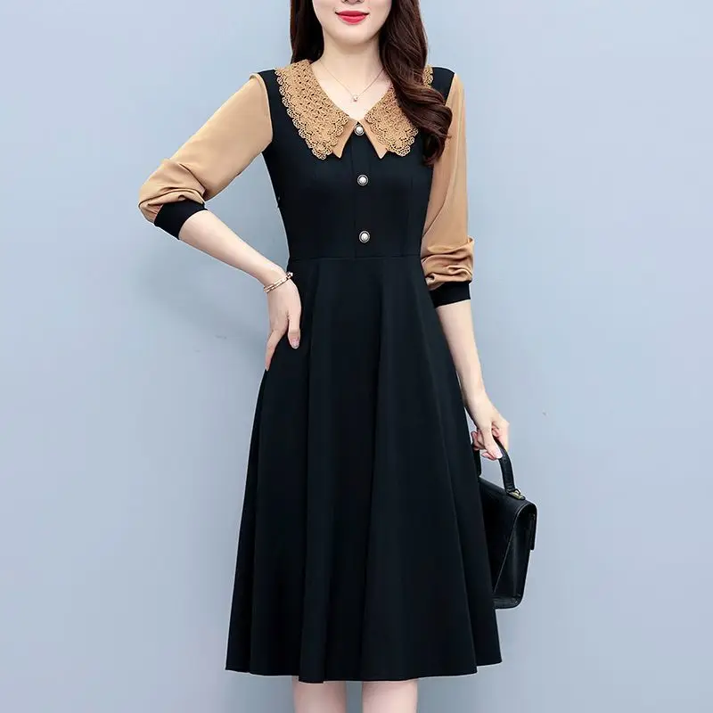 Commute Lace Peter Pan Collar Midi Dress Spring Autumn Long Sleeve Spliced Female Clothing Button Elegant A-Line Waist Dresses