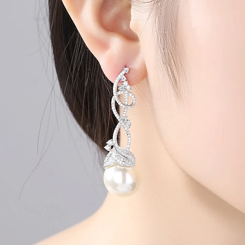 LUOTEEMI Cane Vine Cubic Zirconia Big Imitation Pearl Drop Earrings For Woman Korean Fashion Wedding Bridal Sweet Accessories