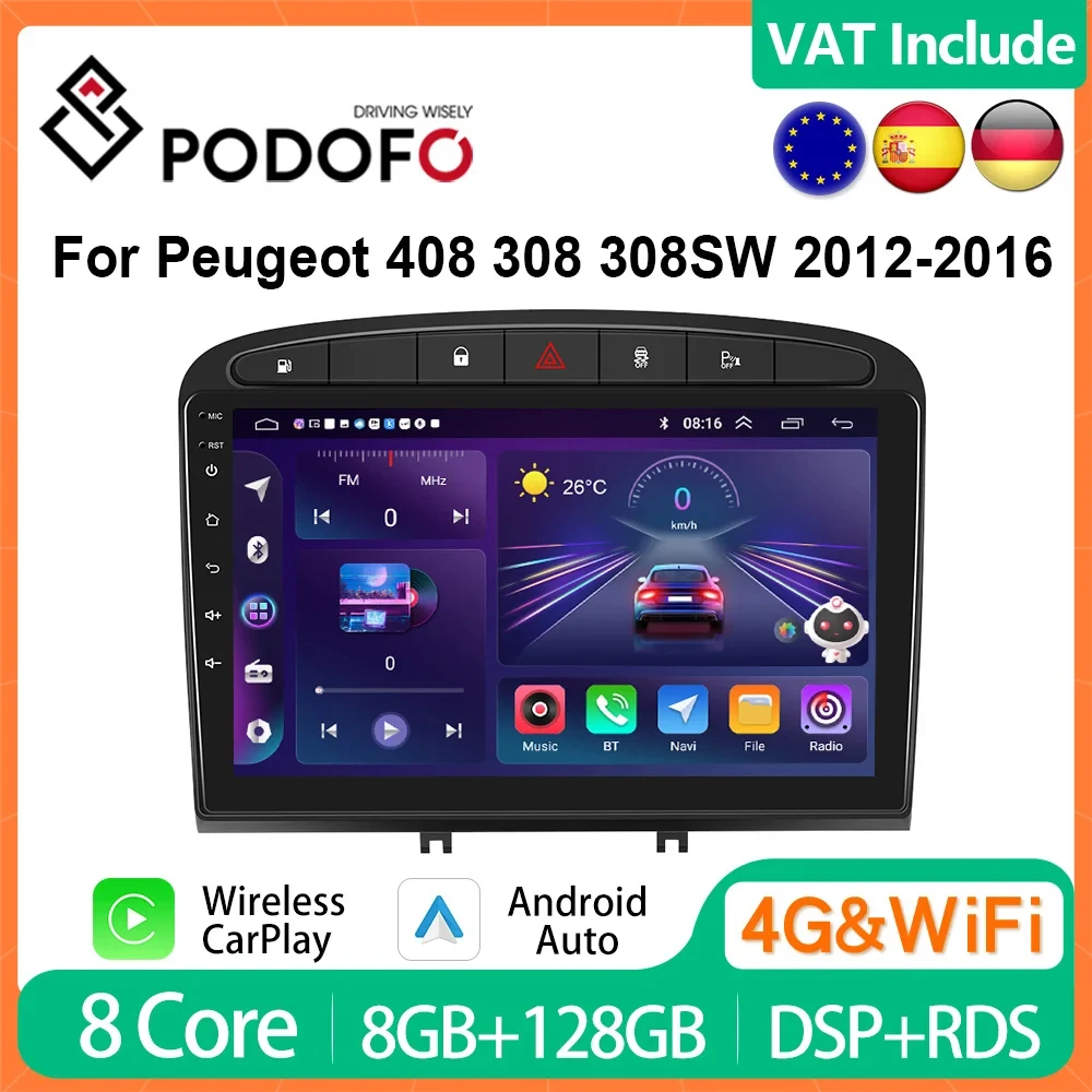 Podofo 4G CarPlay 8G+128G Android Car Radio For Peugeot 408 308 308SW 2012-2016 Multimedia Player 2din Head Unit HiFi GPS Stereo