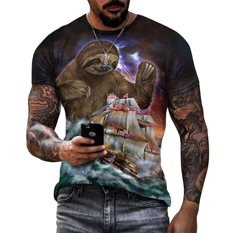 Funny Animal Panda Sloth Graphic T Shirt for Men Clothing 3D Little Raccoon Monster Kraken Print T-shirt Kids Tops Women Clothes