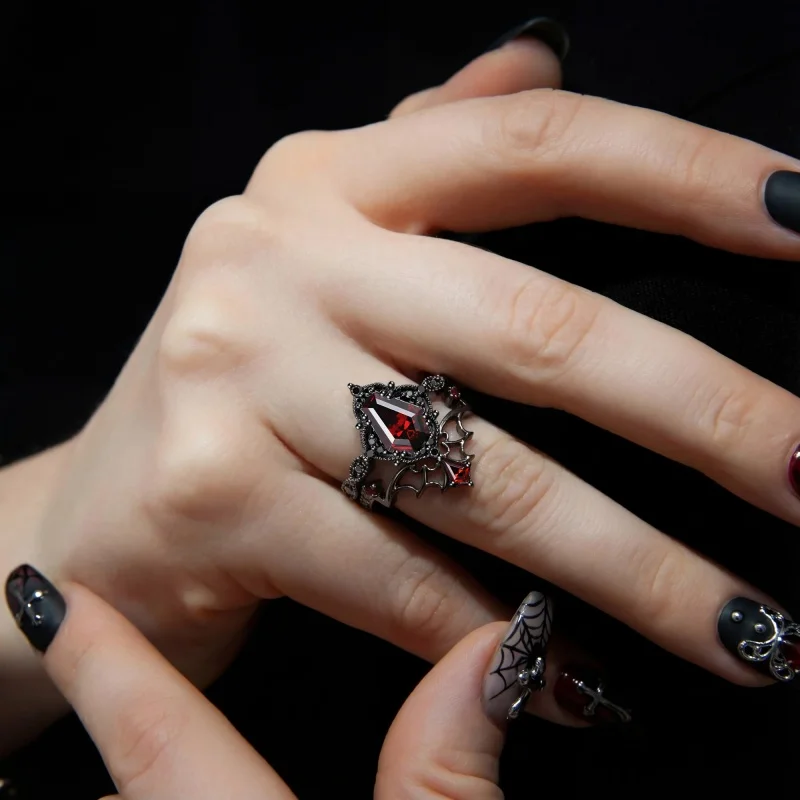 2pcs/set Fashionable Inlaid Red Synthetic Zirconia Black Double-layer Ring Women's Gothic Daily Wear Jewelry Accessories Gifts