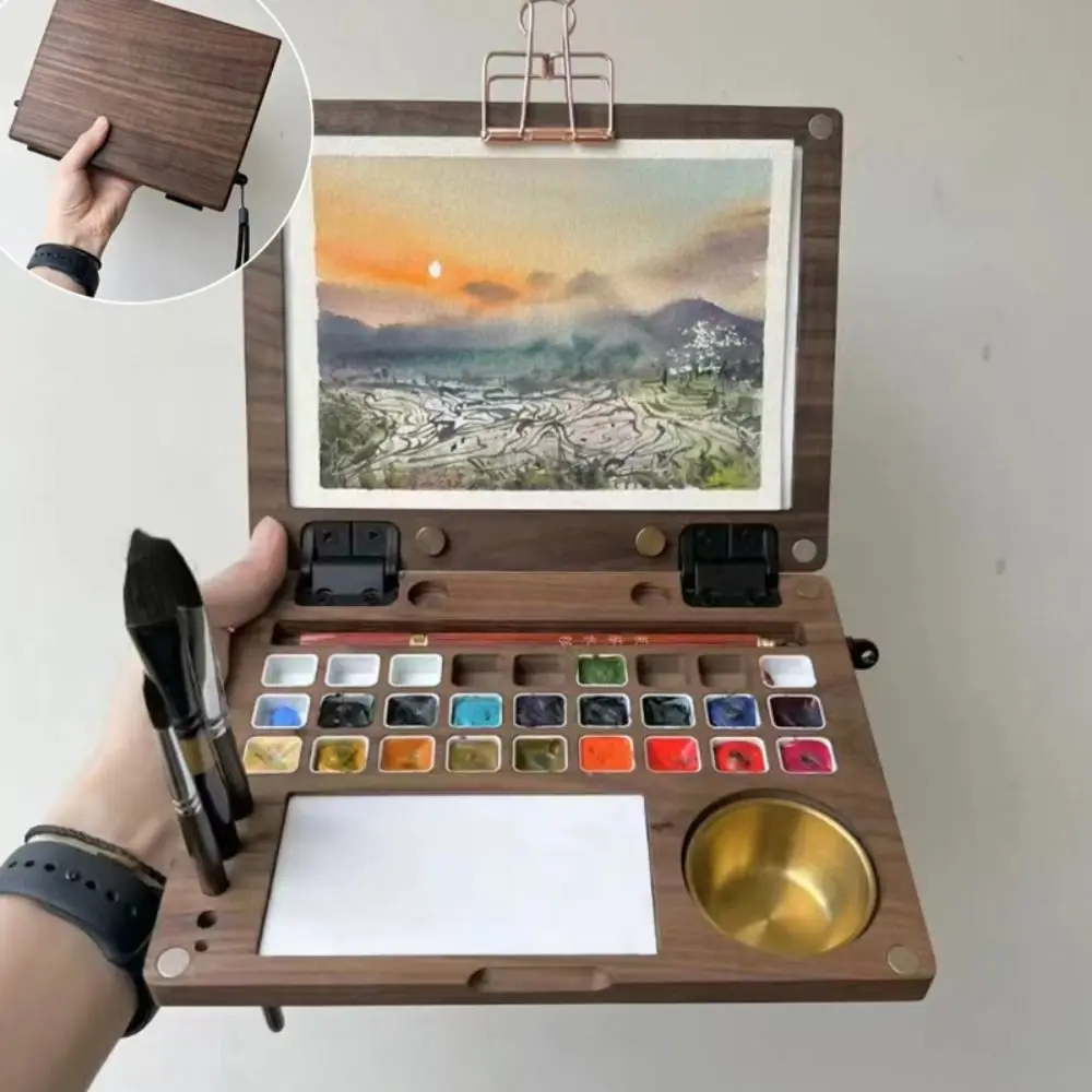 Wooden Wooden Watercolor Box Portable Painting Supplies Color Mixing Box Sketching Painting Art Tools Walnut Paint Palette