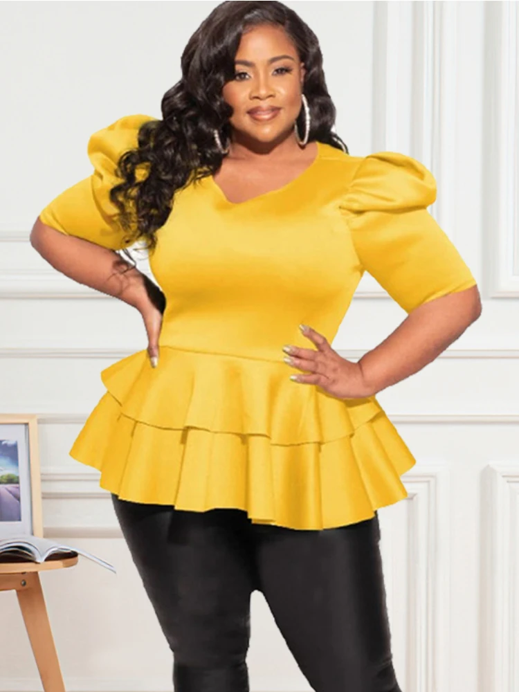 Plus Size 4XL Women Blouses Lantern Short Sleeve Ruffles Tops for Ladies Office 2023 Summer Yellow Purple African Fashion Shirts