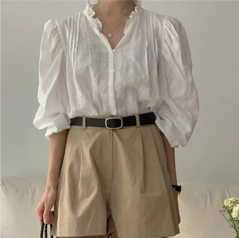 2024 Korean Fashion Sweet Puff Sleeve Office Oversized Women Blouses Shirts Spring Summer Vintage Elegant Lady Tops Blusas