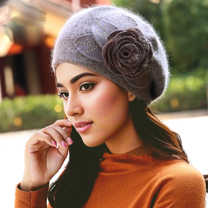 Autumn and Winter Versatile Knitted Beret Women\'s Korean Edition Chao Rabbit Hair Thickened Woolen Hat Winter Warm Ear Protectio