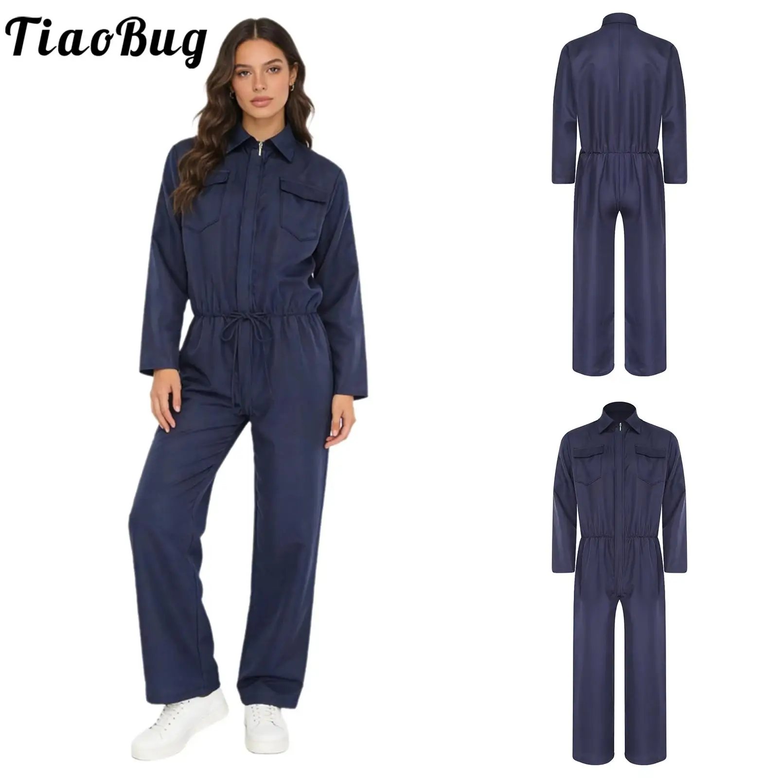 

Женский рабочий комбинезон на молнии, цельный, однотонный, с отложным воротником, с длинными рукавами, для офиса, деловых поездок и путешествий