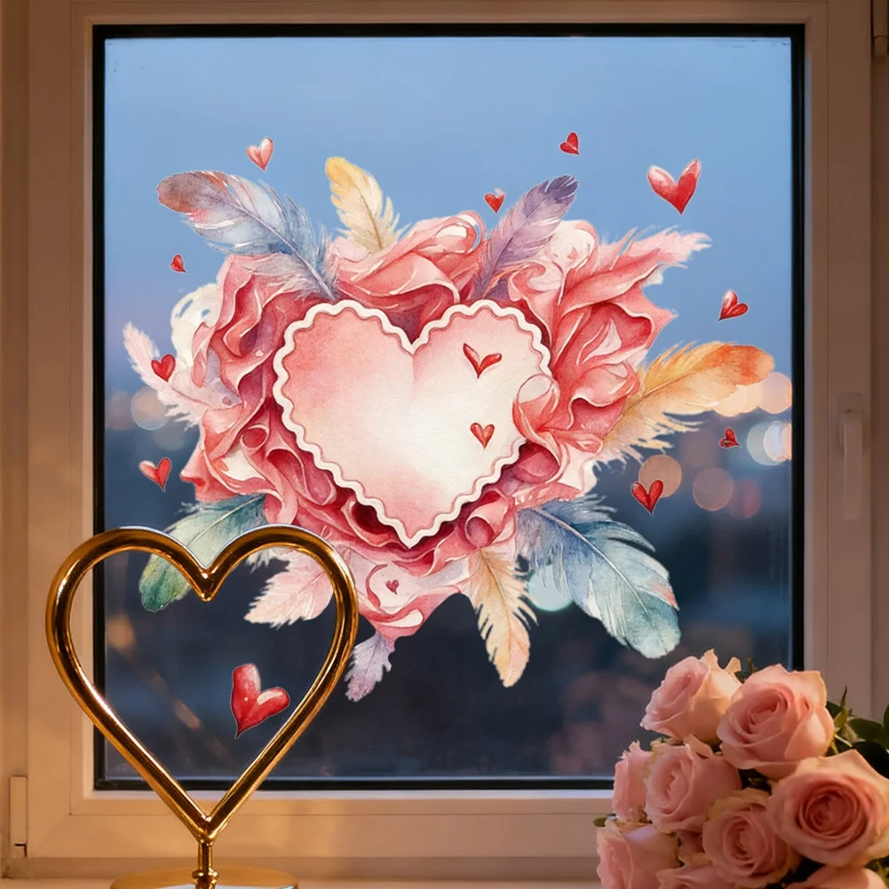 As Shown Valentine Decal Feather Flower Cling Static Cling Technology Feather Flower Shape PVC Material Residue-free Removal