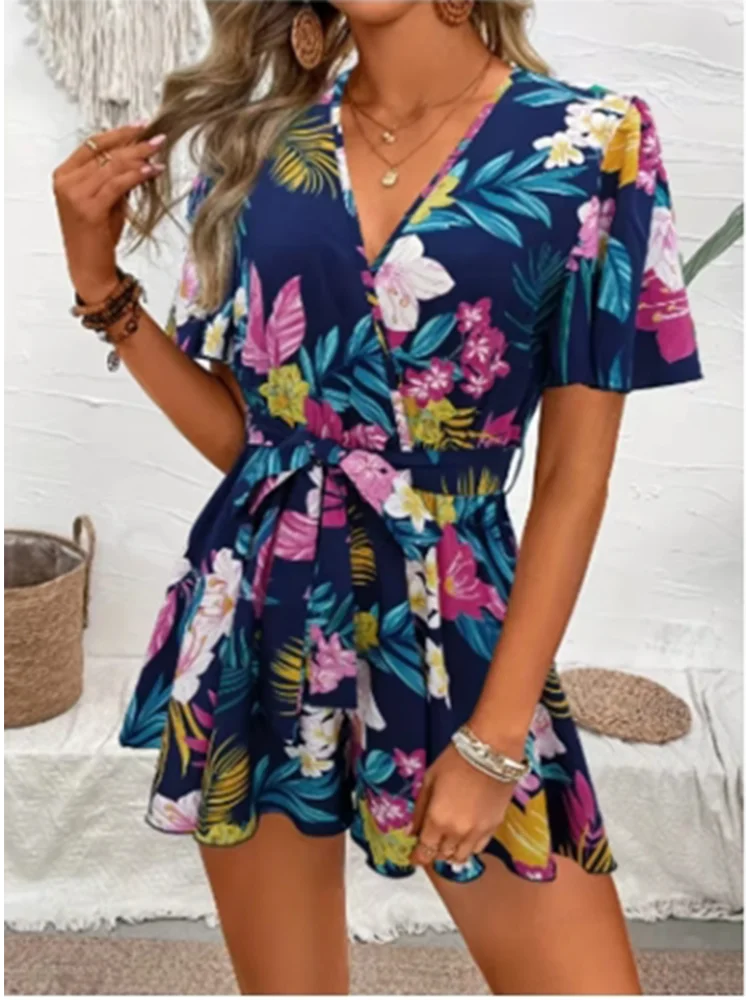 Printed V-neck Short Sleeve Jumpsuit Women Loose High Waisted Jumpsuit Beach Vacation Comfortable Summer Clothes