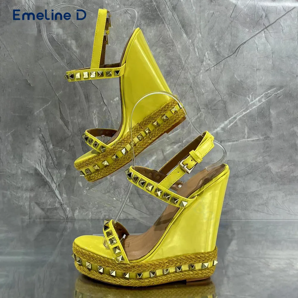 Yellow Studded One-Strap Espadrille Sandals with Round Toe Wedge Heels and High Heels Trendy Casual and Elegant Women's Shoes