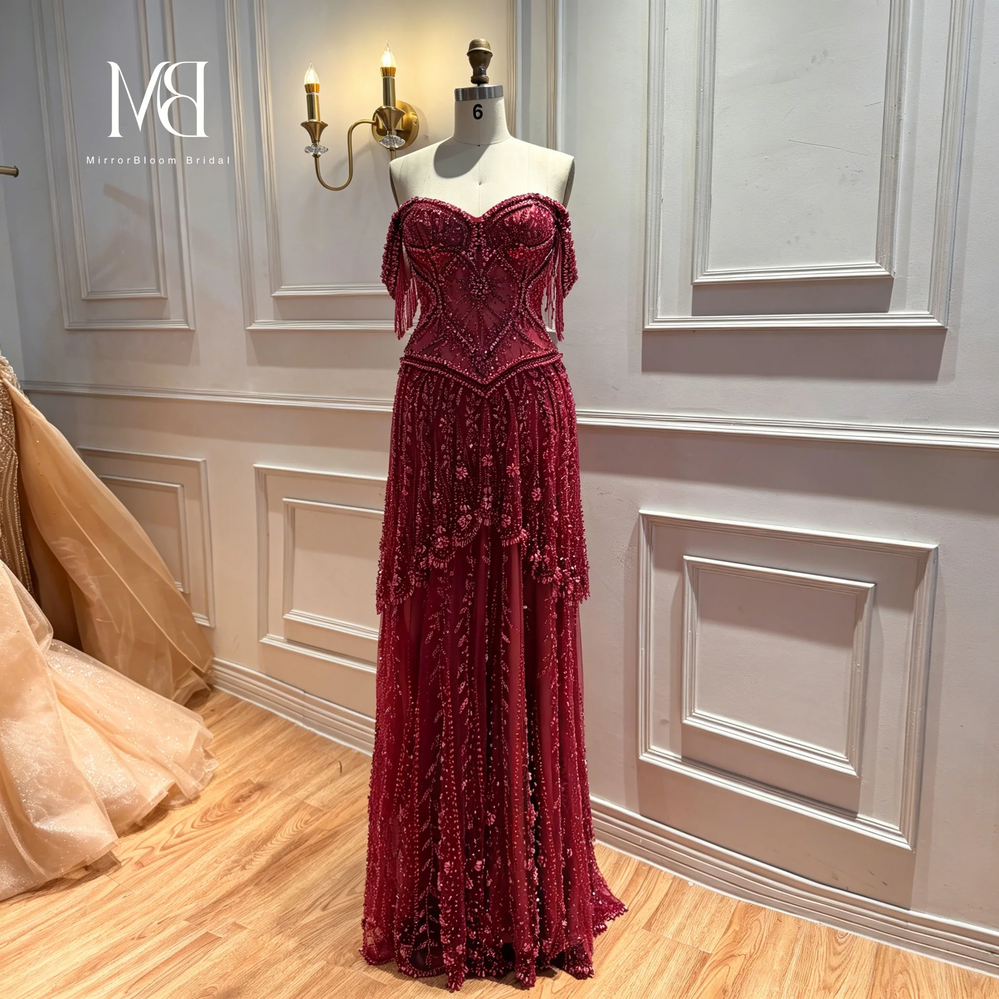 Red Off-the-Shoulder Strapless Sleeveless Floor-Length Formal Ball Gown Beadwork Embroidery Glowing Women's Occasion Dress