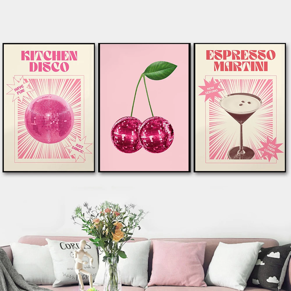 Retro Disco Ball Cherries Print Wall Art Canvas Painting Trendy Espresso Martini Cocktail Dancing Skeleton Poster Kitchen Decor