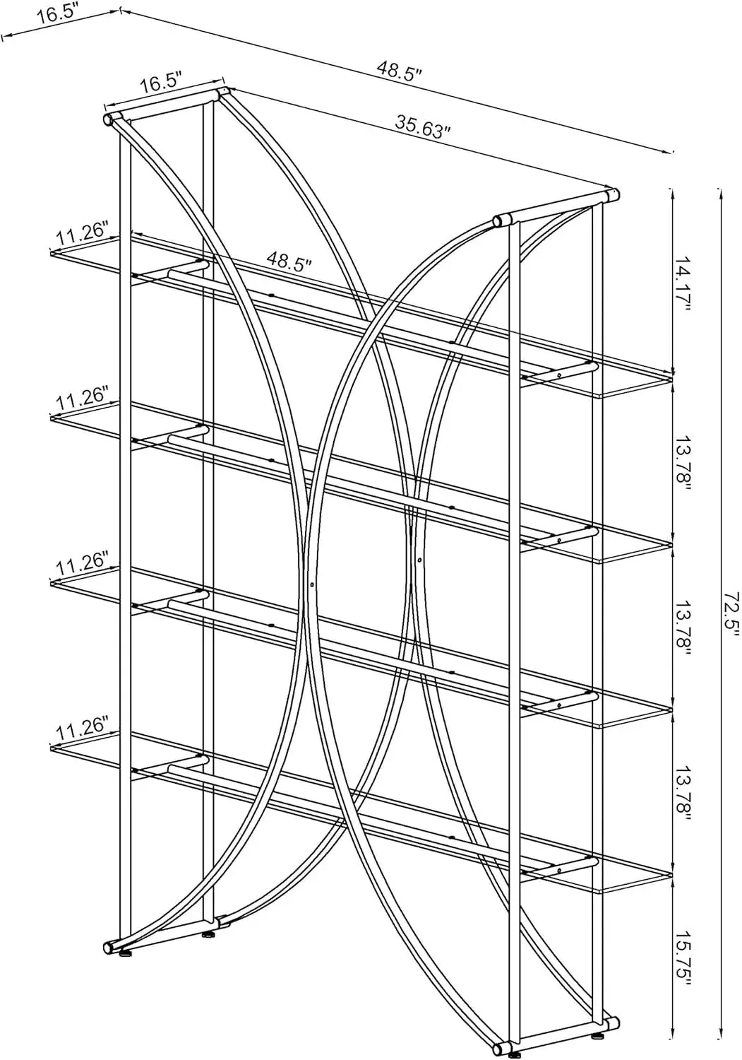 Metal & Glass Bookshelf 4 Shelves Chrome Frame Contemporary Home Office 73 Inch, Customized