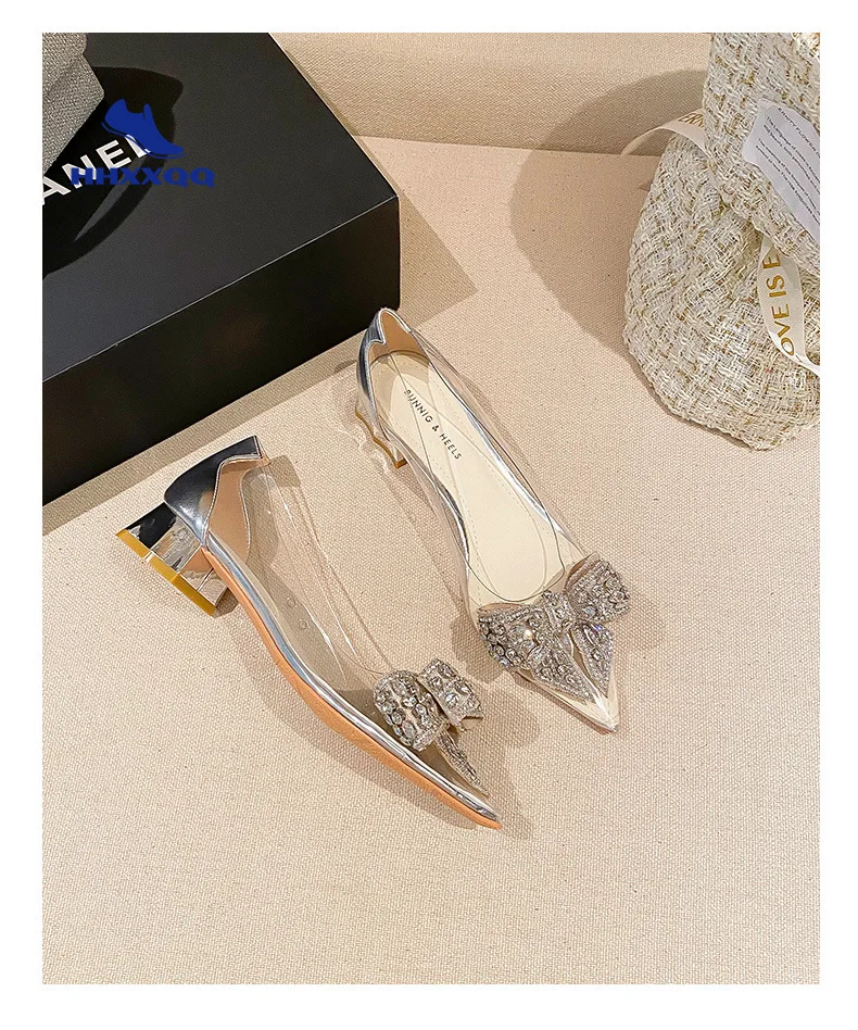 PVC Transparent Thick Heels Women\'s Pumps 2022 Summer New Rhinestone Buckle Gentle Temperament Ladies Shoes Zapatos De Mujer