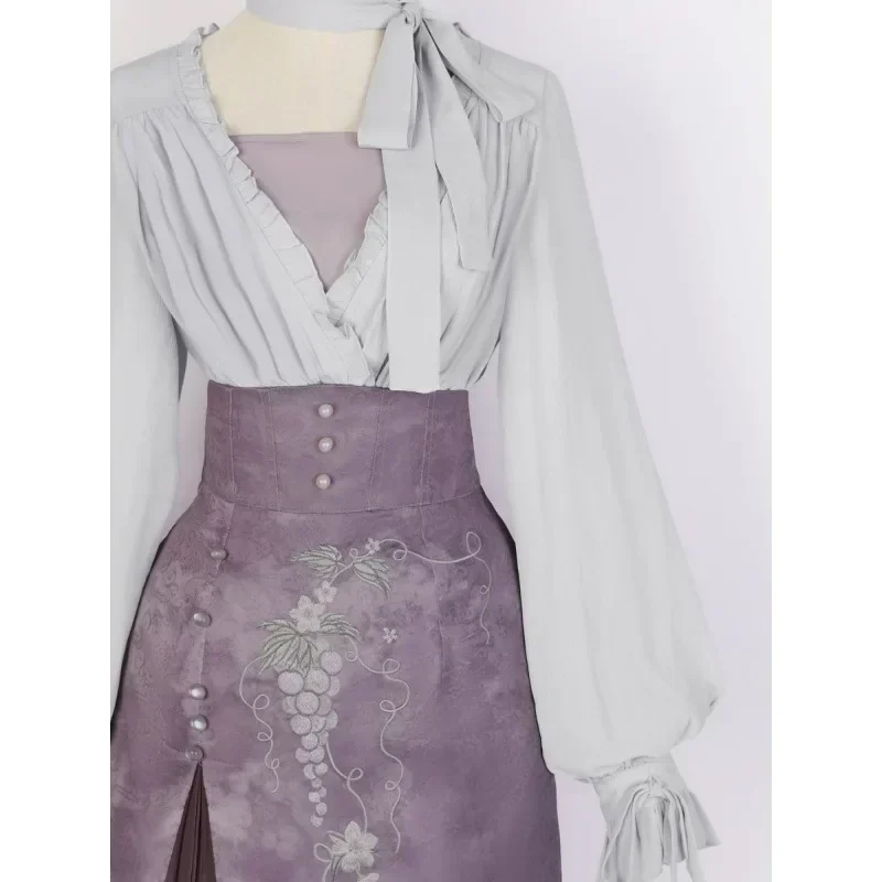 Vestido Hanfu roxo de duas peças para mulheres, estilo chinês melhorado, top de manga lanterna, saia estampada uva, saia doce vintage, outono