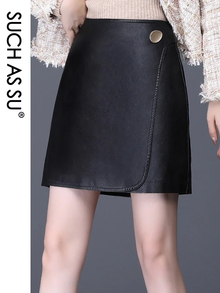 Fall Winter Skirts Women 2022 Black Mini High Waist PU Leather Skirt S-4XL Size Female Splice A Line Skirt