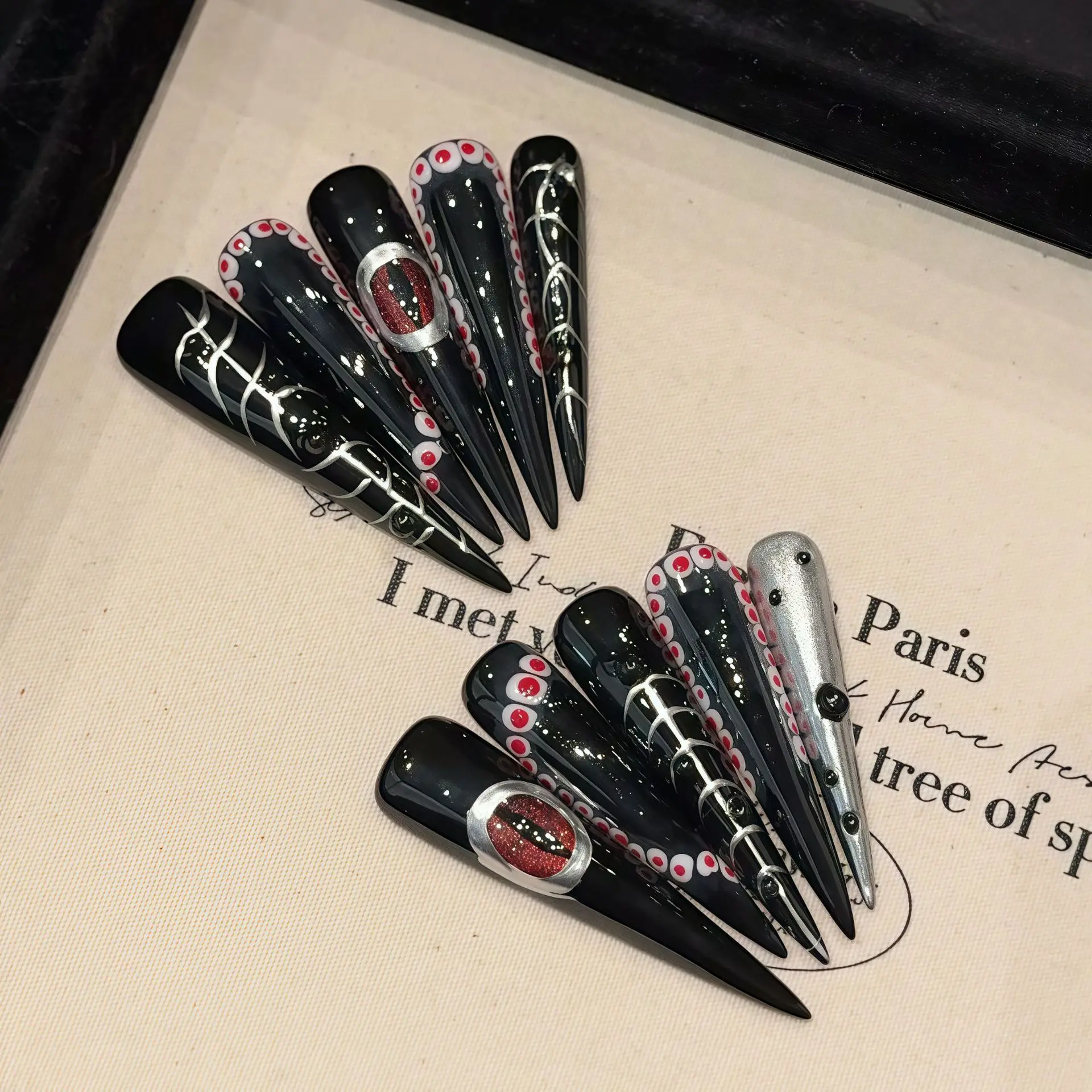

Blood Curse Dark Gothic Subculture Press On Nails Extra Long Stiletto Jet-Black Mirror Hand-Painted Red Silver Pattern Heavy Dut