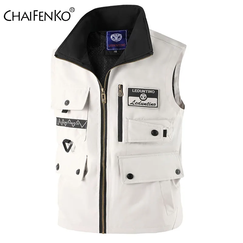 New Men Fashion Simple Multi Pocket Vests Spring Autumn Leisure Solid Stand Collar Vests Outdoor Fishing Hiking Sports Jacket