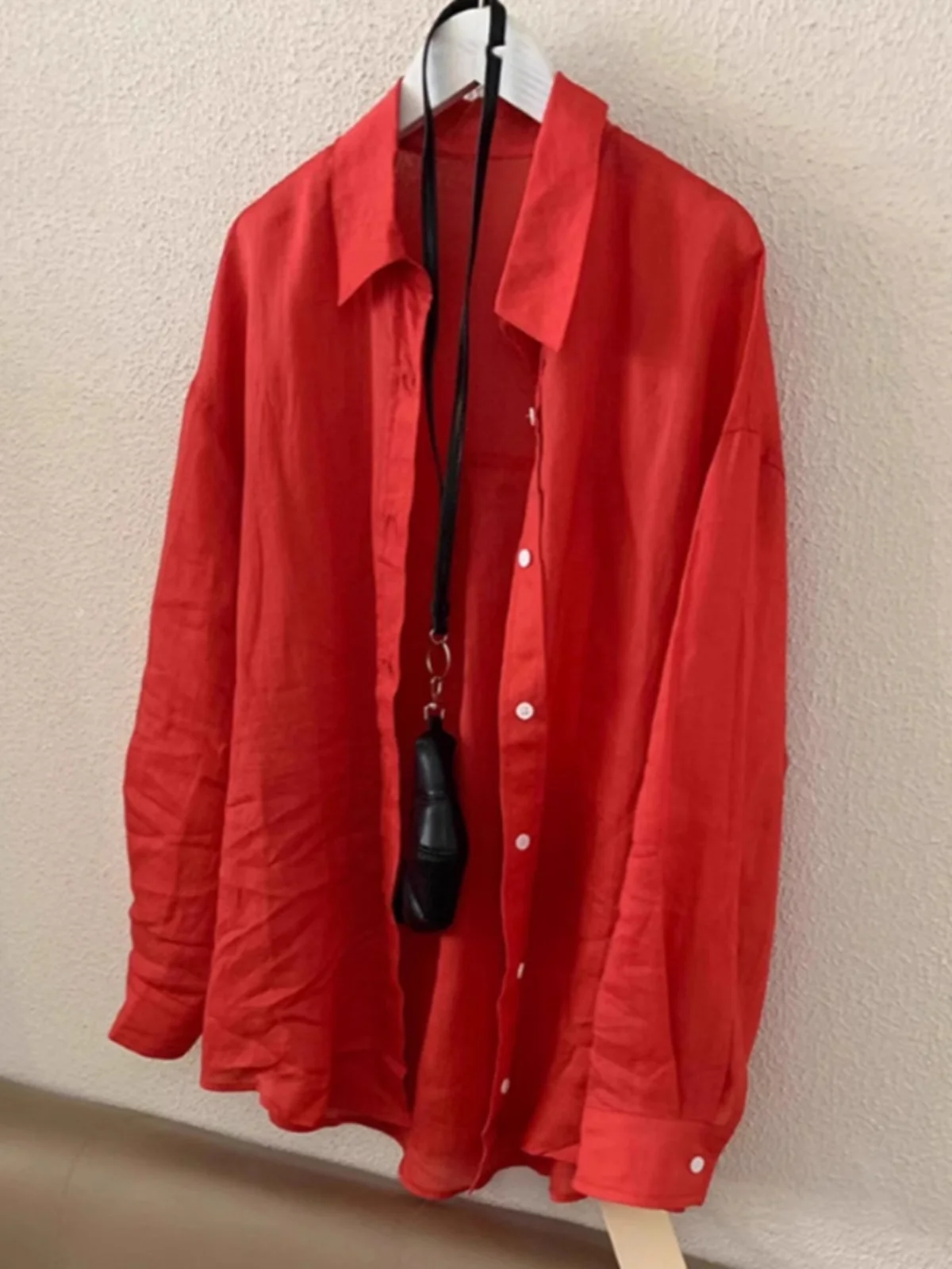 

Red Linen Sun Protection irt Coat Women's Early Autumn Loose Slimming Casual Long Sve Cotton Linen Open Cardigan Top