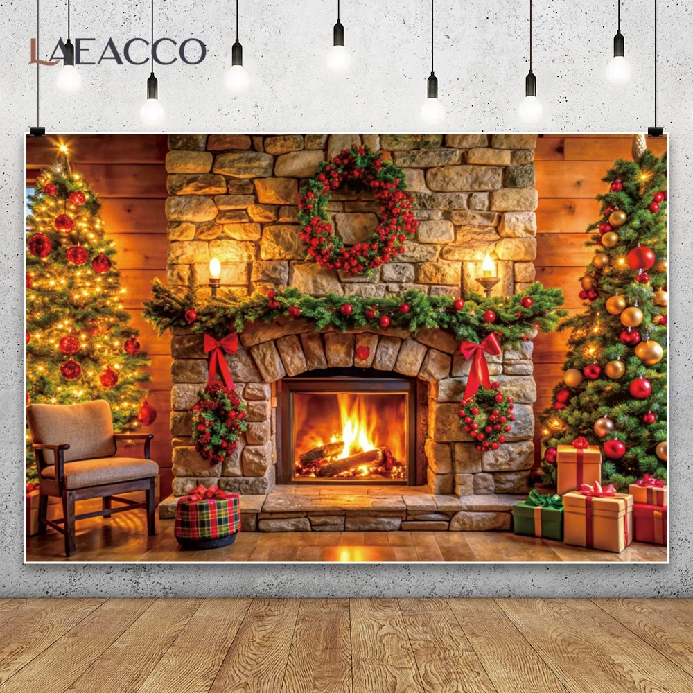 Christmas Brick Wall Fireplace Photography Background Xmas Tree Gifts Wreath Room Decor Banner Kids Portrait Photocall Backdrops