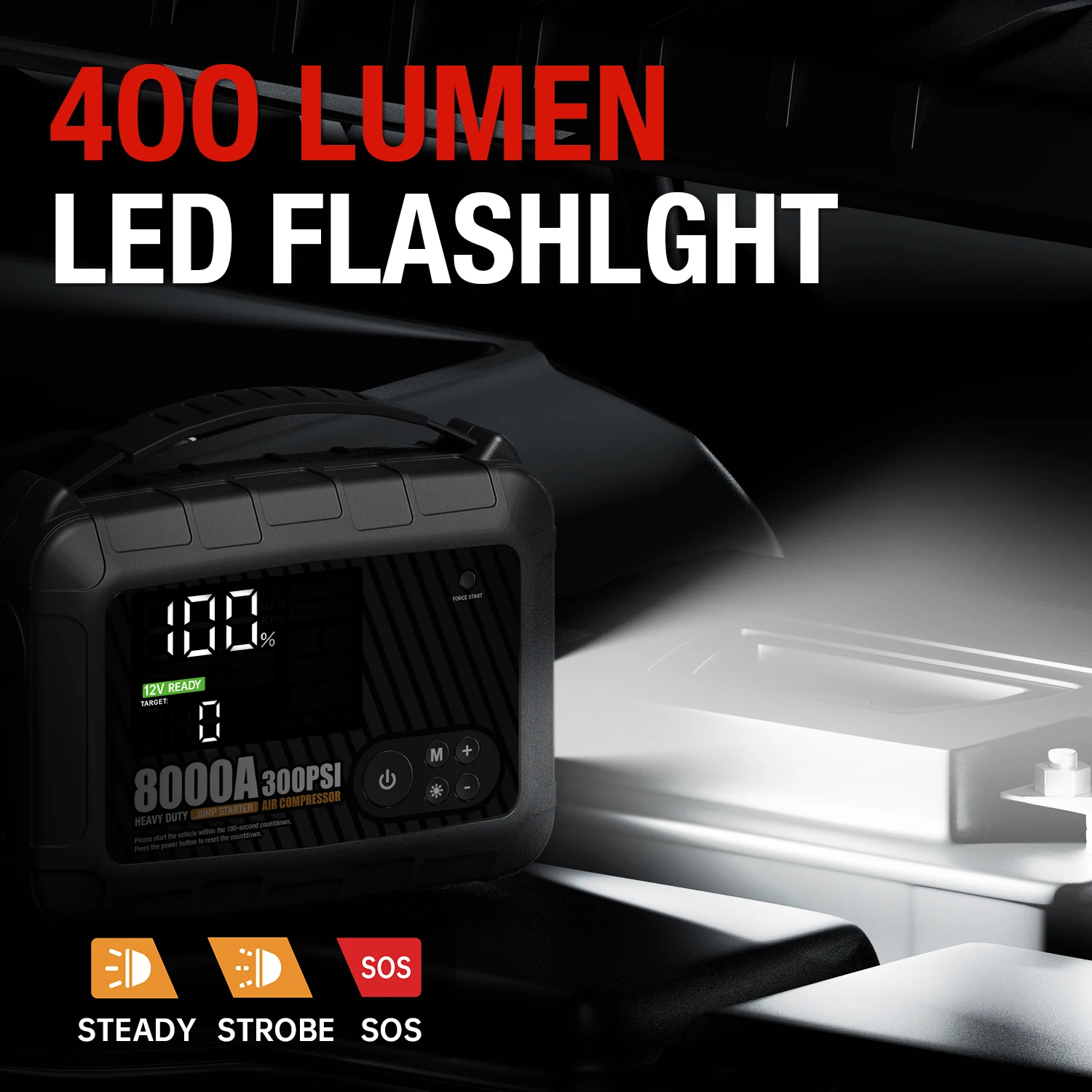 Starter Lompatan Kendaraan Tugas Berat Profesional 8000A, Perangkat Baterai Mobil 12V Daya Tinggi, Catu Daya Portabel dengan Pompa Inflasi