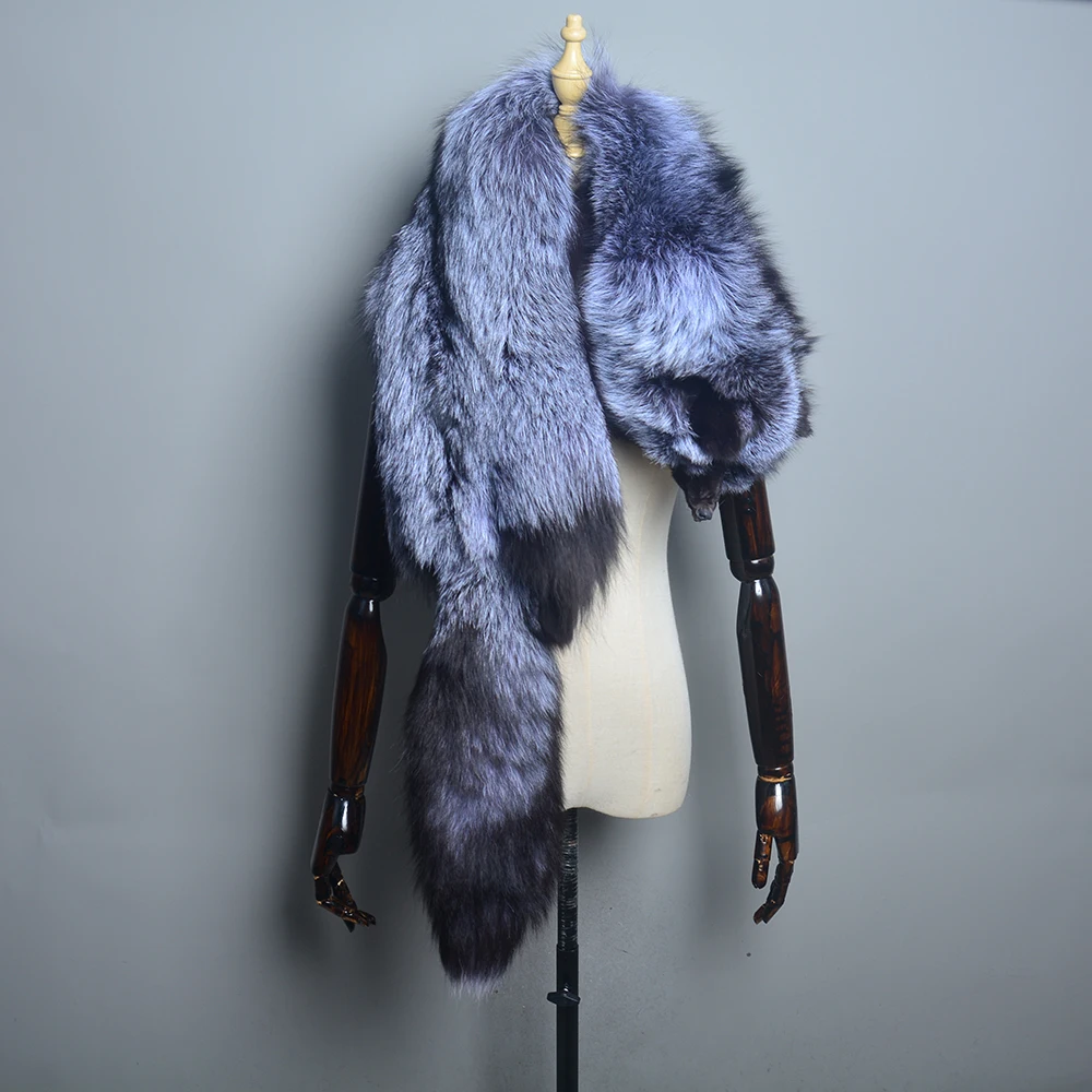 2024 Lady Real Fur Fox Scarf Woman Winter Warm Natural Fur Shawl Soft Headscarf Super big Gray Silver Fox Scarf Fur Accessories