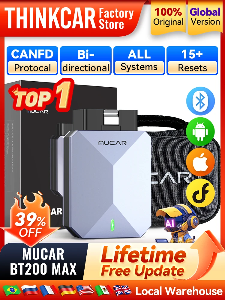 MUCAR BT200 MAX Kfz-Diagnosegerät ELM327 AI OBD2 Bluetooth-Scanner CANFD Bidirektional 15 Reset-Funktionen Vollsystem-Diagnose Codeleser