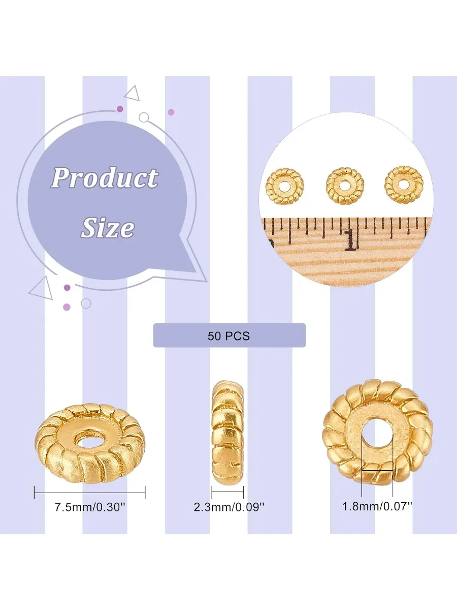 50Pcs Textured Brass Beads 1.8mm Hole Flat Round Stopper Beads Golden Spacer Charms Bead Metal Beads Supplies for DIY Crafts