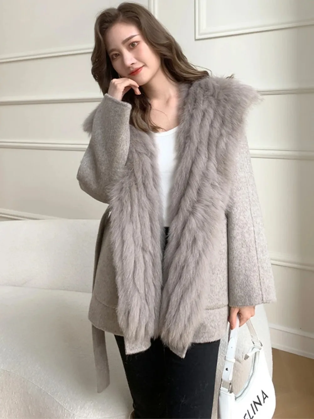 2024 New Winter Detachable Real Fox Fur Liner Woolen Jacket Women Loose Belt Double-sided Wool Coat Female Hooded Thick Coat