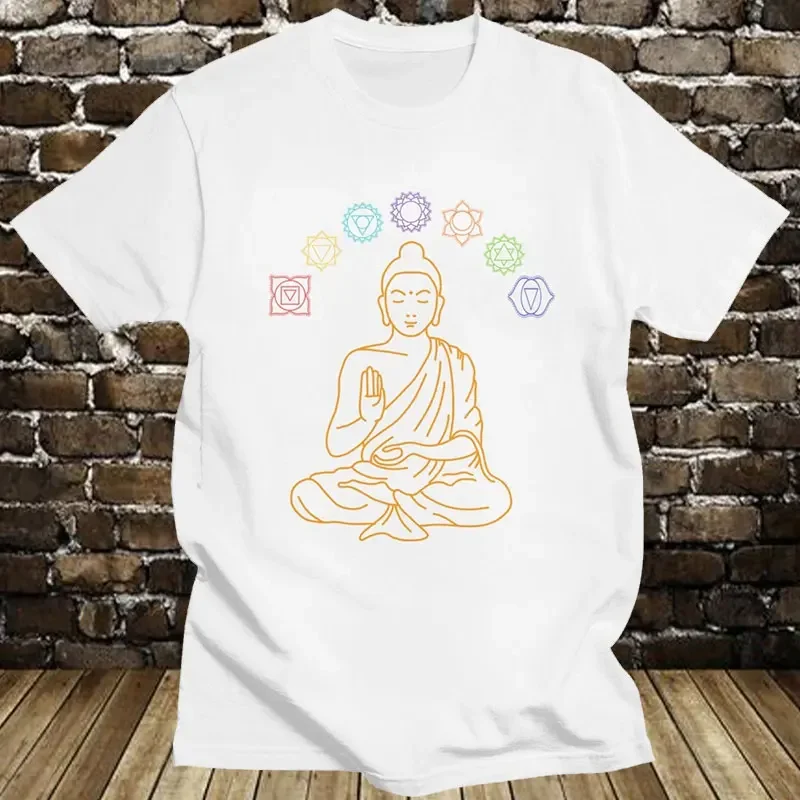 Men Cotton Graphic T Shirt Seven Chakras Meditating Buddha Tshirts O-Neck Streetwear Men Buddhism Mandala Tee Tops Fitted Gothic