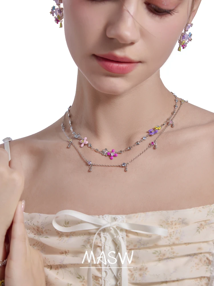 MASW Original Design Spring Summer Style Two Layers Colorful Flower Necklace For Women Girl Party Wedding Gift Fashion Jewelry