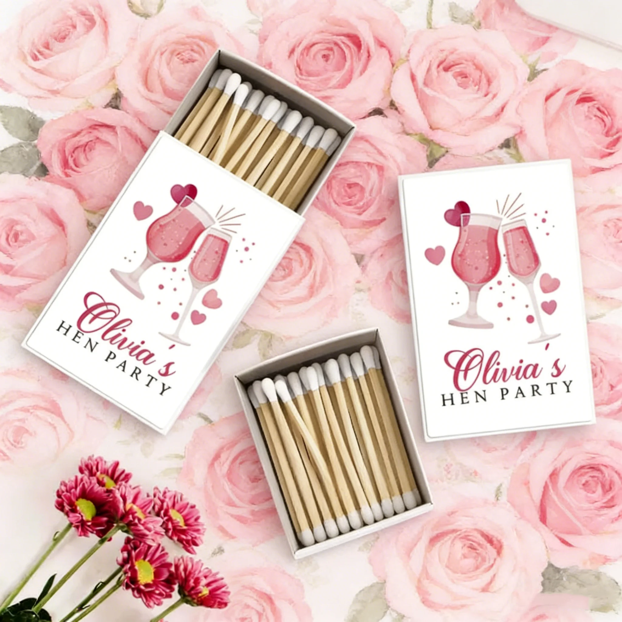 

Custom Bachelorette Party Matchbox Favors, Personalized Champagne Glass Design Wedding & Bridal Shower Matchbooks