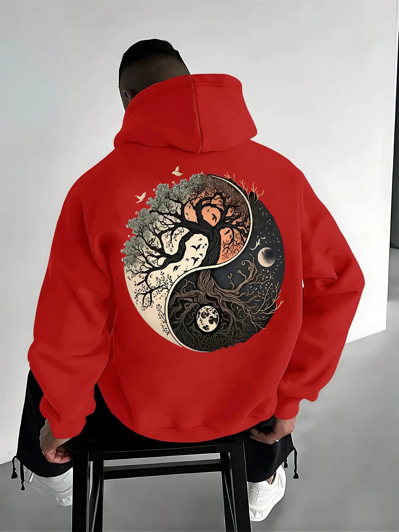 Men's Yin-Yang Life Tree Back Print Hooded Sweatshirt, Mystical Bohemian Loose Fall-Winter Daily Sport-Relaxation Hooded Shirt