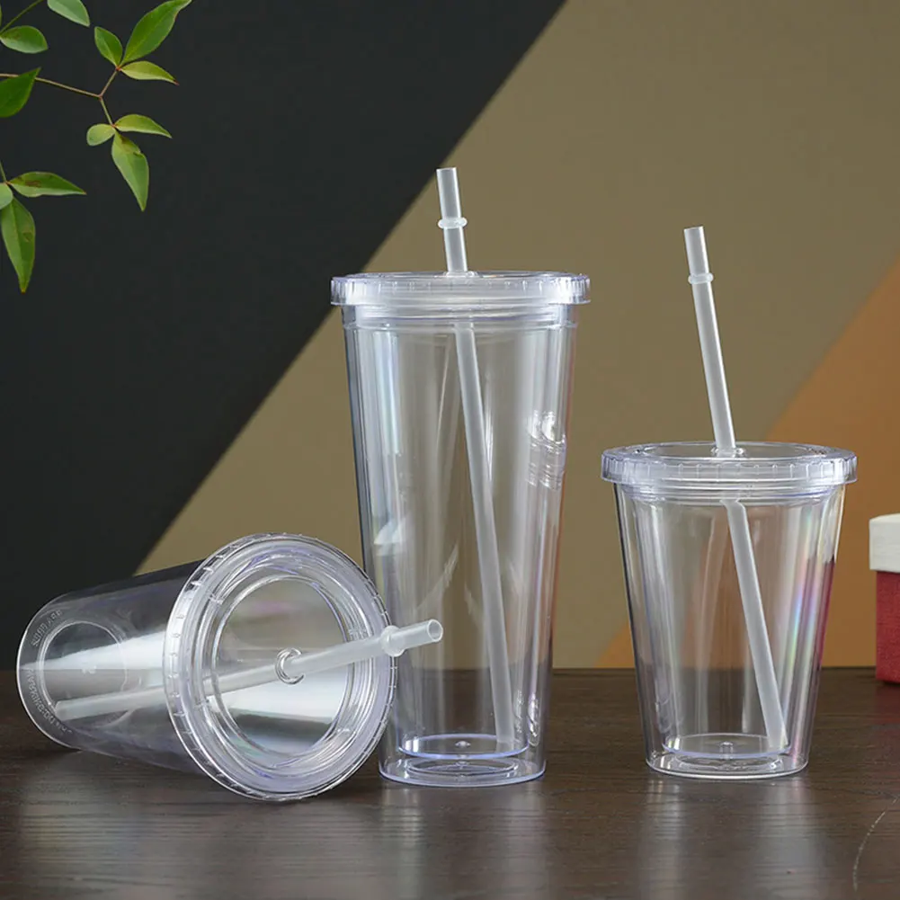 350/450/650ml Clear Tumbler With Straw Reusable Transparent Double-layer Water Bottle For Coffee Milk DIY Smoothie Cup Drinkware