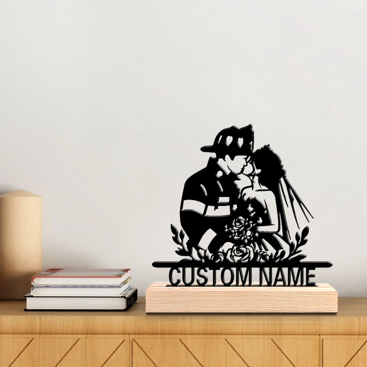 1 قطعة شخصية رومانسية مخصصة رجال الاطفاء والعرائس تماثيل معدنية فن معدني مع قاعدة خشبية إنها مناسبة كزفاف و #2