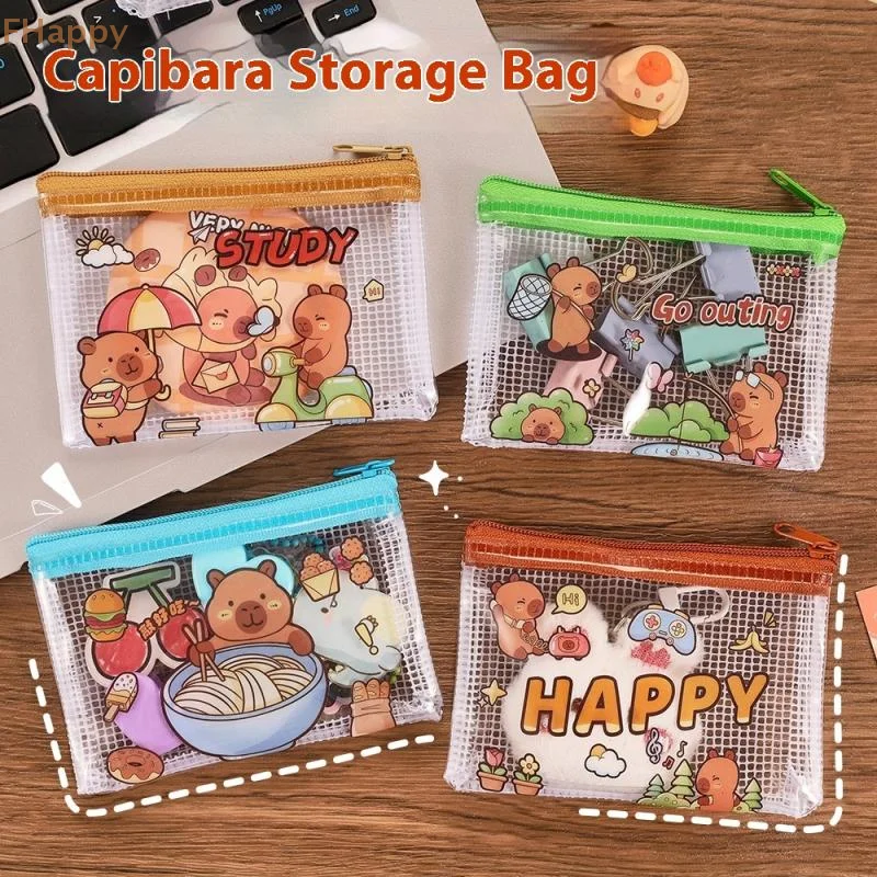 2 個かわいいカピバラコイン収納袋透明メッシュジッパー小銭入れ漫画財布ポータブル防水クリアバッグギフト