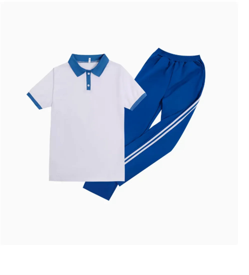 Uniforme escolar para homens e mulheres, camiseta de manga curta, conjunto de calças compridas, azul e branco, em repetição