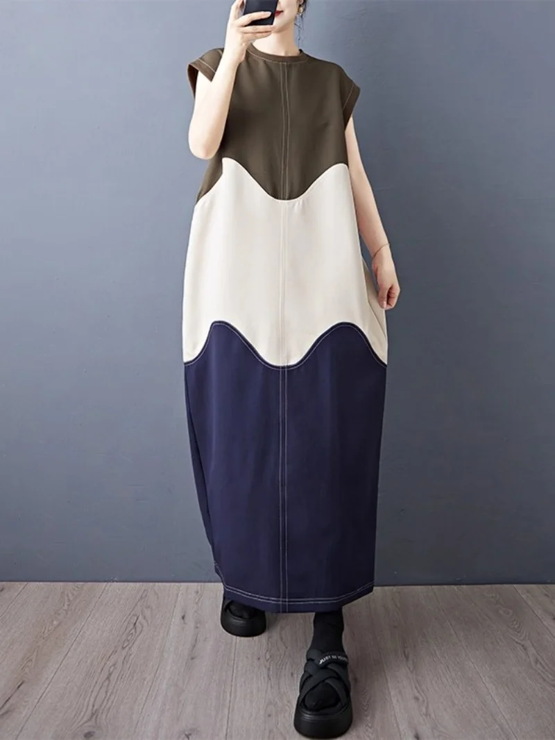 Cocoon diseño de temperamento de moda francés Retro empalme Irregular colores contrastantes vestido Casual sin mangas para mujer w282