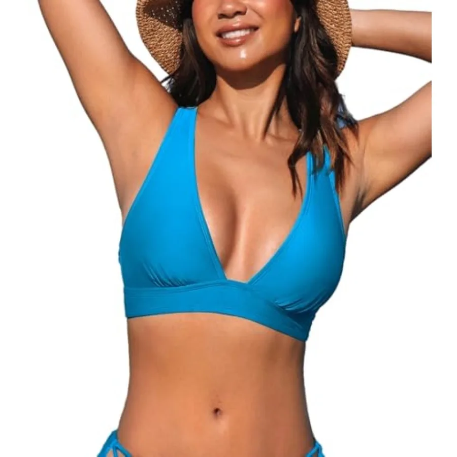 CUPSHE Women's Bikini Top V Neck Triangle Top Wide Straps Cross Back Lace up