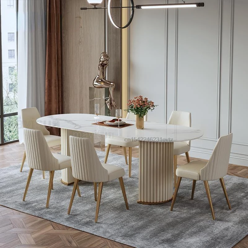 

Oval Dining Table Set Concise Design Golden Stand Luxury Glossy Rock Board Home Decor Ivory Kitchen Table And Chairs Furniture