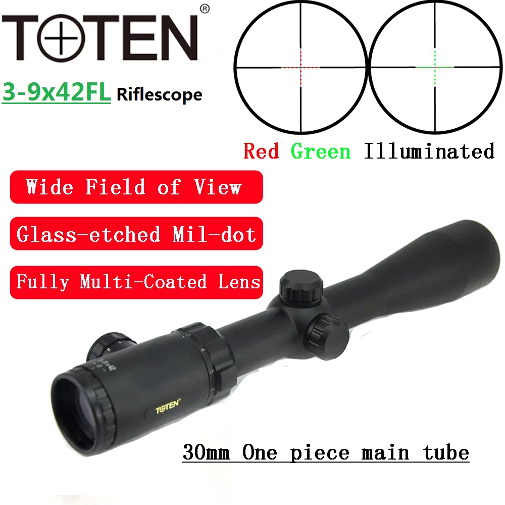 

TOTEN 3-9x42 Hunting Riflescope Large View FMC Mil-dot Illuminated Sniper Airsoft Shooting Tactical Optical Sight .308 .30-06