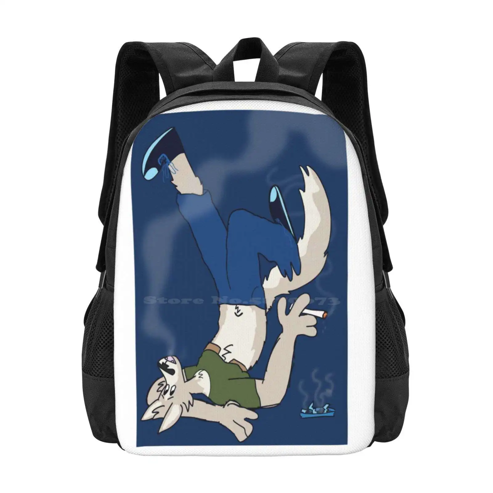 Blue Hot Sale Schoolbag Backpack Fashion Bags Smoking Blue Melancholy Upside Down Cartoon