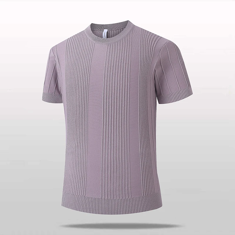 

New Mens Crew Neck Polo Shirt Ice Silk Knitted Shirt Summer Short Sleeve Casual All Match Fashion Trend Jacquard Base T Shirt