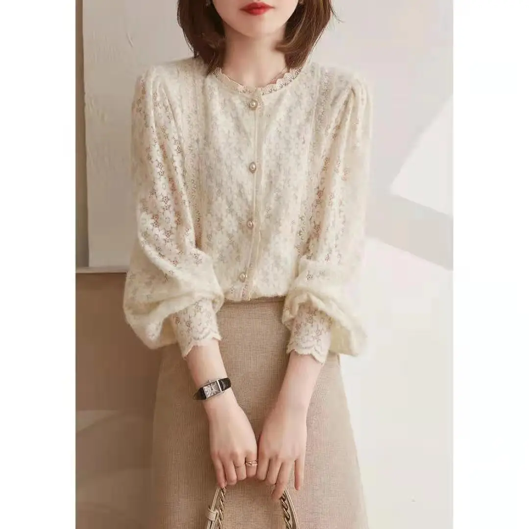 Womens Hollowed Out Floral Lace Shirt Top