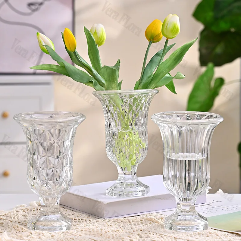 Embossed Transparent Glass Vase Cup Shaped Hydroponic Flower Arrangement Light Luxury High-end Home Decoration Vase