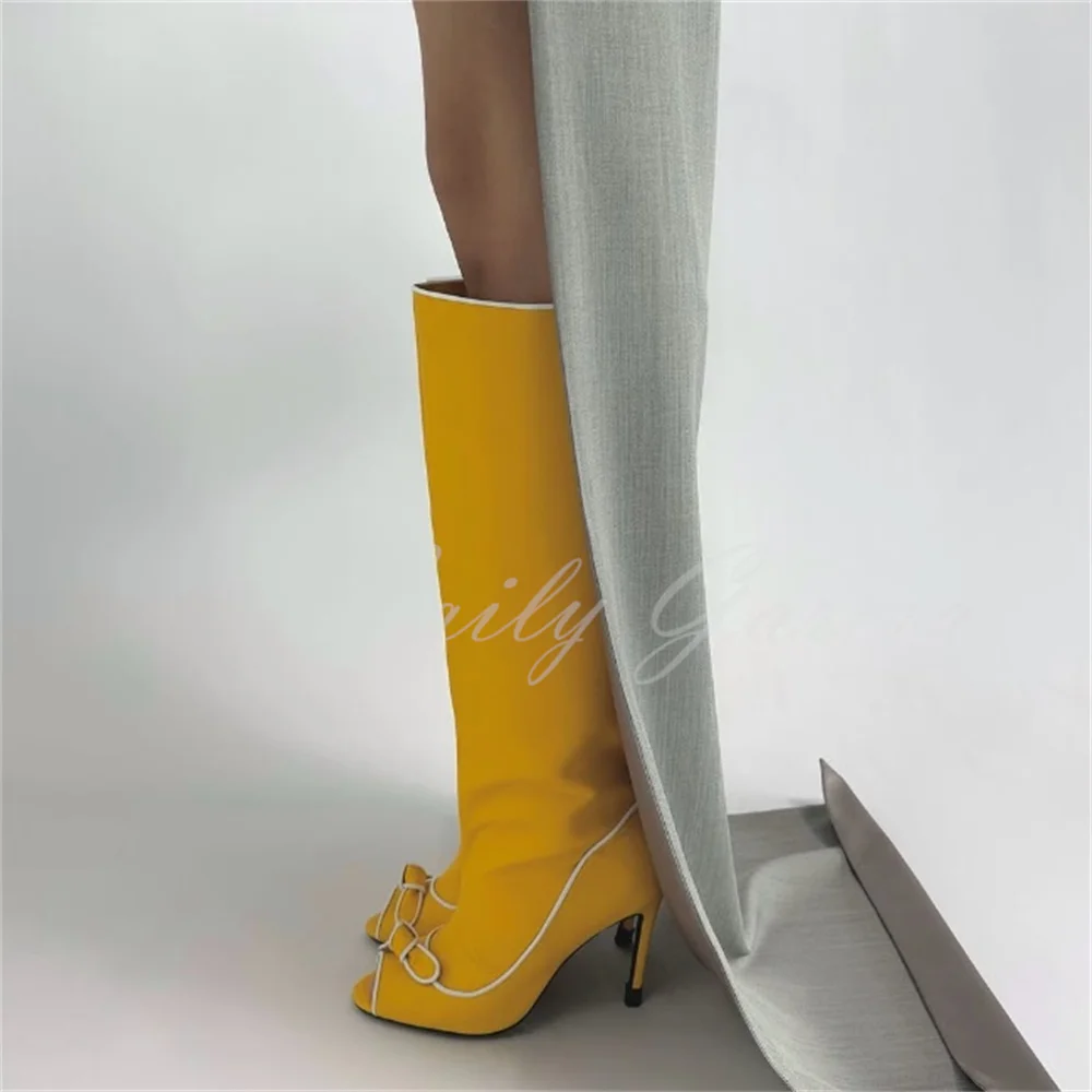 Bow-Trim Grained Leather Boots Women Sexy Open Toe Stiletto Heel Circular Cut-Out Slip-On High Heel Solid Color Knee High Boot