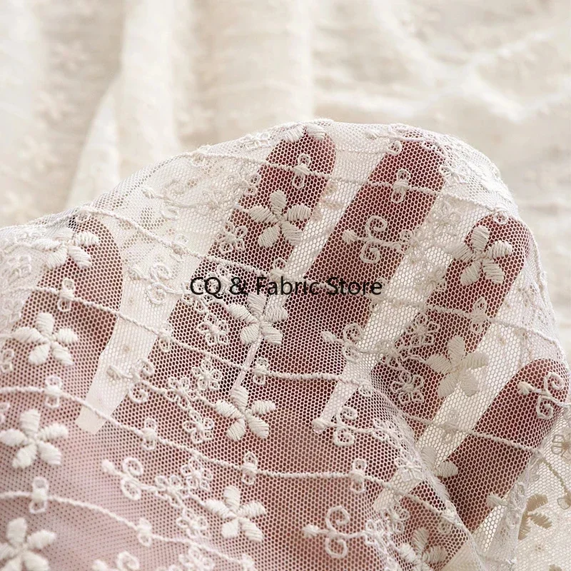 125cm 0.5meter/lot Retro Beige Flower Striped Mesh Embroidered Lace Fabric Soft And Good Touch DIY Sewing Cloth