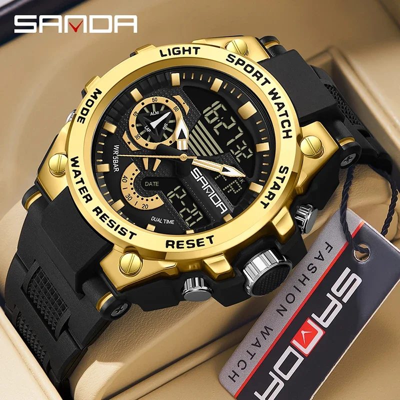 

Sanda 3302 New Model Fashion Men 2024 Cool Design Mutiple Functions Teenagers Water Resistant Outdoor Alarm Mode Wrist Watch