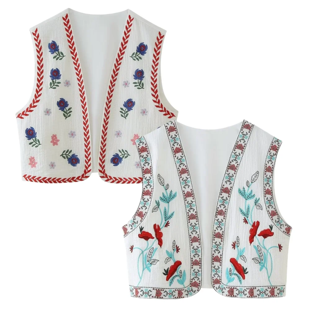 

Women's embroidered vest new style outerwear sleeveless vest women's bohemian vest streetwear short open jacket women's TRAF2024