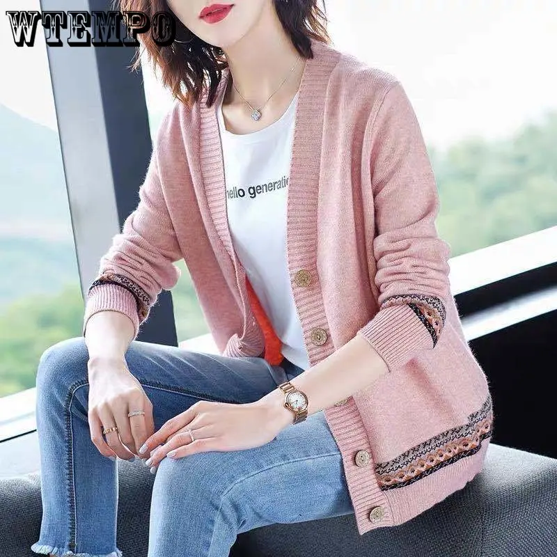 WTEMPO Spring Autumn Solid Color Women\'s Knitted Cardigan Long Sleeve Korean Loose V-Neck Button Sweaters Coat Female Clothing