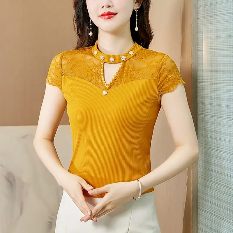 New Summer Women's Solid Colors O-Neck Short Sleeve Slim Lace Hollow Out Thin Knitted Pullovers Fashion All-match Commute Tops